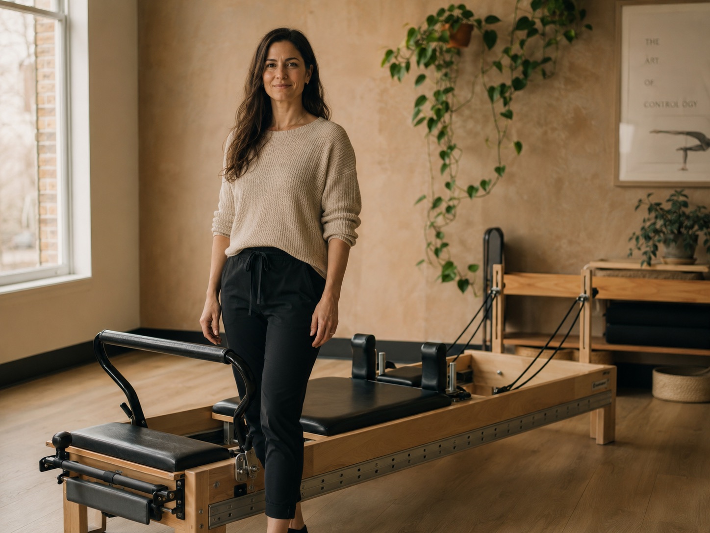 Dr. Chelsea Boyd standing beside a Pilates reformer in the studio